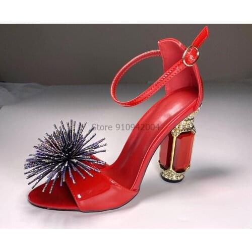 Rhinestone Gladiator Sandals Women Red Patent Leather Chunky High Heels Shinning Crystal Shoes Woman Sandalias Mujer