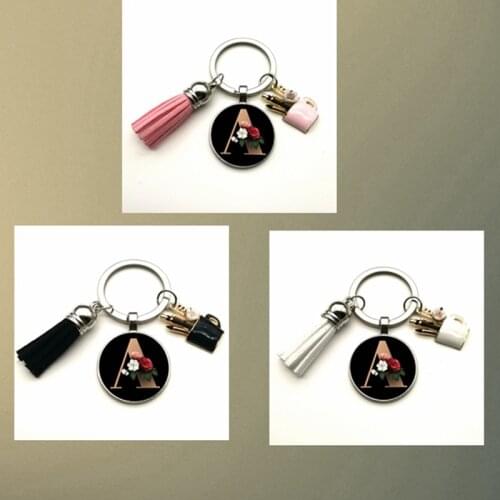 DIY Charm Enamel Pen Holder Teachers Day Gift Simple Black A-Z Letter Pattern Glass Cabochon Glass Keychain, Tassel Keychain