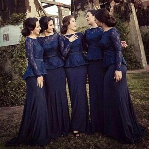Navy Blue Long vestido longo Long Sleeve Floor Length Bridesmaid Dress 2019 Prom Dress Wedding Party Dress