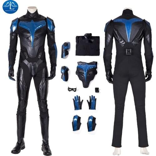 Titans Nightwing Dick Grayson Costume Halloween Cosplay Superhero Jumpsuit Black Armor Mask Suit Fancy Party Outfit