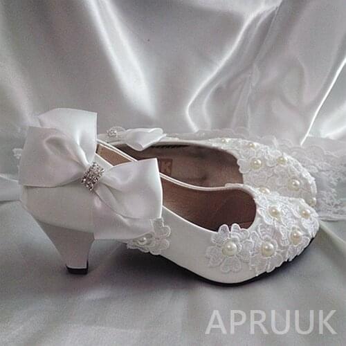 5CM med middle heel pumps shoes womann spike heel bridal ivory lace pearls satin butterfly-knot bow style wedding shoes bride