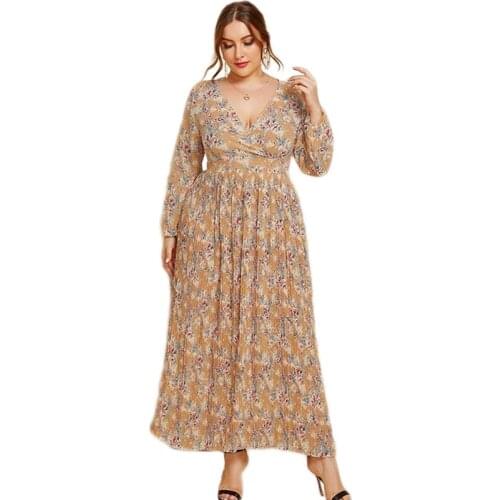 Dubai Kaftan Floral Print Women Long Dress Loose Casual V-neck Arab Abaya Spring Summer Islamic Clothing Middle East Ramadan New