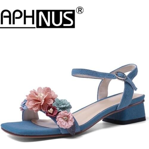 APHNUS Womens Sandals Low Mid Heels Pumps Flowers Beading charm Woman 2020 Shoes For Women New