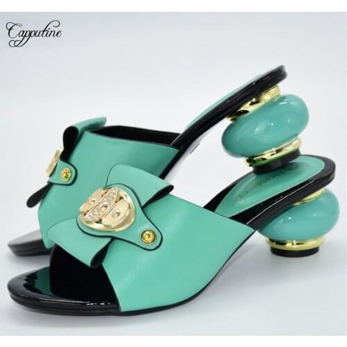 Water Green African Womens Strange Heel Shoes Nice Slippers With Metal Decoration 86-19 Height 6.5CM