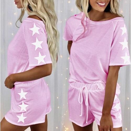 Women Top Shorts Set 2021 Outfit Five-pointed Star Print Drawstring Two-piece O Neck Short Sleeve T-shirt Shorts Set for Sports
