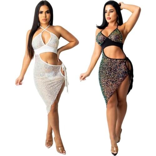 Sexy Sequined Halter Club Party Dress Woman V Neck Sleeveless Lace Up Hollow Out Backless Bodycon Asymmetrical Vestidos