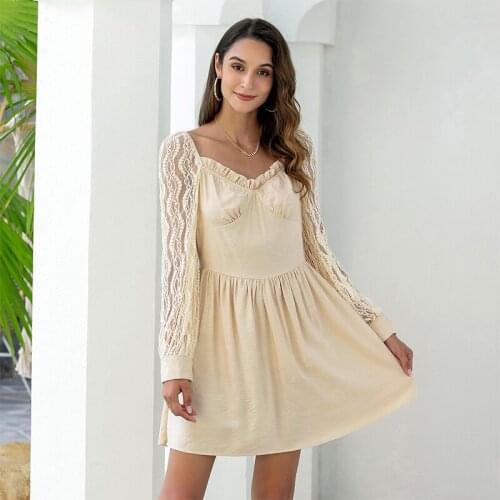 V Neck Lace Patchwork Long Sleeve Solid Color High Waist Elegant Women Dress Casual Temperament Streetwear Dresses