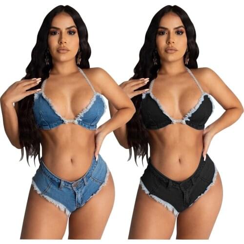 2 Pcs Set Sexy Denim Swimsuit Women Tassled Halter Drawstring Bra + Mini Shorts Party Club Swimwear Bikini Suit
