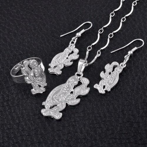Anniyo PNG Silver Color Monkey Necklace Earrings Ring Jewelry Sets for Women,Papua New Guinea Ethnic Gifts #112606B