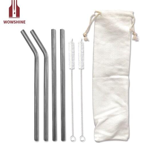 Factory Free Shipping white Bag Set 4 straws+2 brushs stainless steel straws 2 sets/lot 8x215MM bent and straight