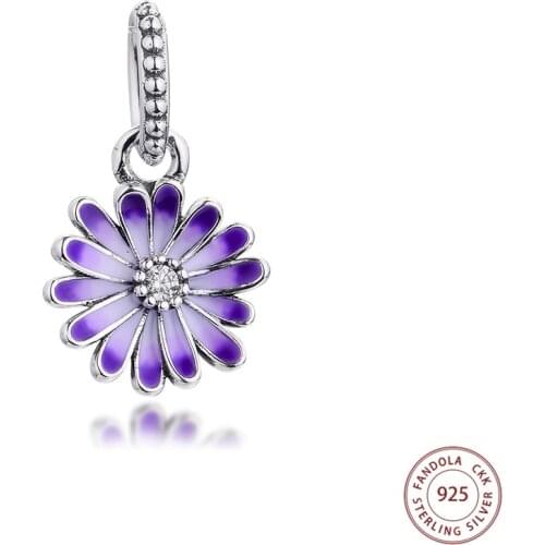 Fits Pandora Bracelet 925 Sterling Silver Purple Flower Dangle Charms Floral Beads DIY Fine Jewelry Making Bijoux Femme 2021 New