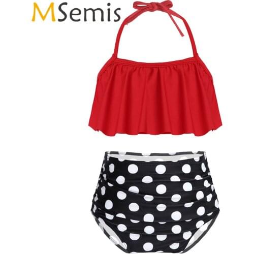 Kids Girls Swimsuit Halter Neck Back Ruffle Detail Bikini Swimwear Crop Top Polka Dots Printed Bottom Bikini Set Swimming Suit