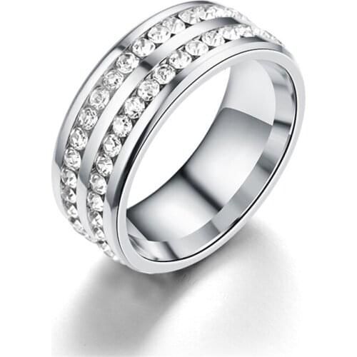 Elegant black gold and silver stainless steel ring 6-13 8mm womens wedding all transparent stone crystal ring