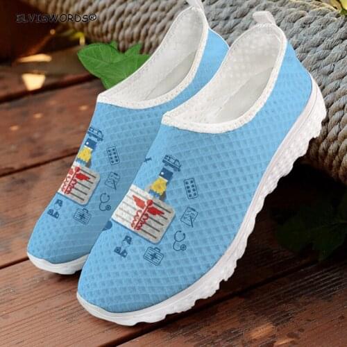ELVISWORDS Medicine Design Comfortable Womens Air Mesh Sneakers Non-slip Walking Shoes for Female Woman Slip on Flats Shoes New