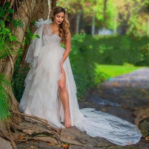 Fashion Tulle Maternity Dress One Shoulder Long Mesh Bridesmaid Maternity Photoshoot Or Babyshower See Thru Bridal Gowns