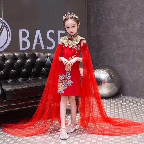 Girls Fashion Red Embroidery Wedding Qipao Children Princess Dresses Chinese Style Dress Costumes Models Catwalk Evening Dresses