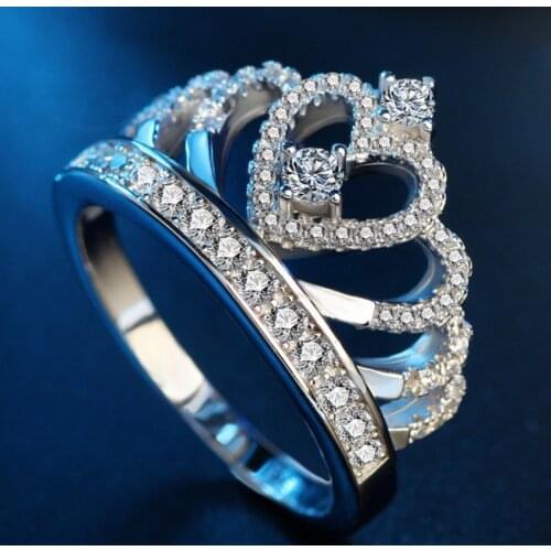 Fashion Silver Color Rings Crystal Heart Rings Womens Crown Zircon Ring Jewelry Womens Engagement Party Wholesale