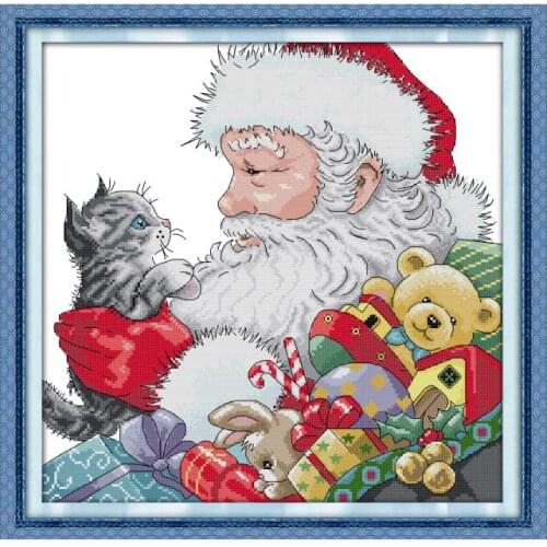 Santa and Kitten Embroidery Needlework Stamped Cross Stitch Kit Patterns Needlepoint 11CT 14CT Print Thread Decor Counted Fabric