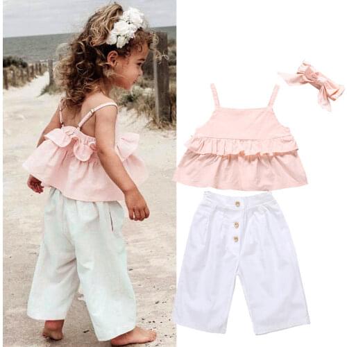 1-6Y Summer Cute Boho Infant Kids Baby Girls 2PCS Sets Sleeveless Pink Ruffles Vest T-Shirts+White Long Pants