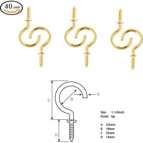 40PCS 7/8 1/4 1/2 Inches Antique Brass Plated Ceiling Hooks Brown Gold Brass Plated Ceiling Screw Hooks Zinc Plated Hooks