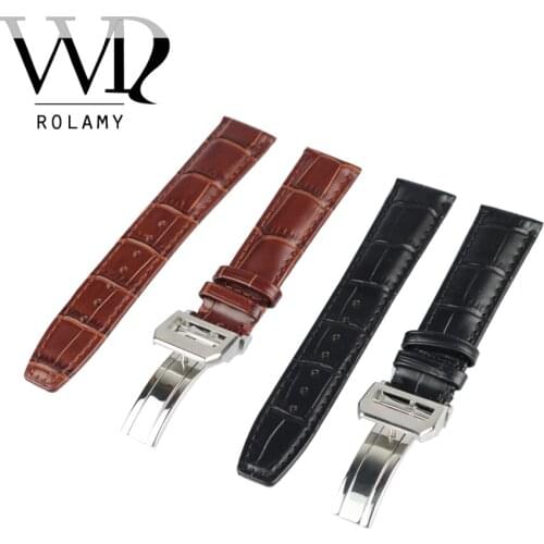 Rolamy 20 22mm High Quality Real Calf Leather Black Brown Wrist Watch Band Strap With Silver Brushed Clasp For IWC Seiko Tudor