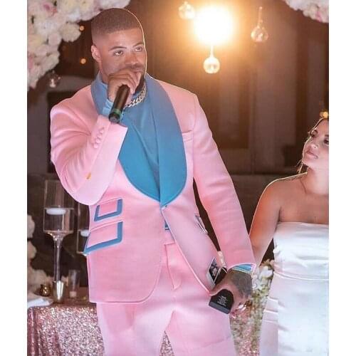 Blue and Pink Groom Tuxedo for Wedding Party Shawl Lapel Custom Made Slim Fit Men Suits with Short Pants 2 Piece Male Fashion