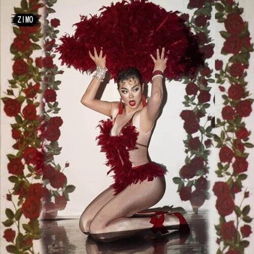 Sexy Rhinestone Red Feather Fan Women Bodysuit Birthday Celebrate Singer performance costume pole dance wear nightclub party bar