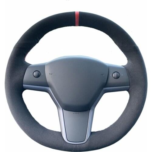 Top Perforated Leather/Carbon Fiber Car Steering Wheel Hand-stitch on Wrap Steering-wheel Cover Kit For Tesla Model 3 2017-19