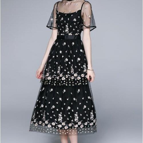 ZAWFL Flower Embroidery Dress Women Ruffle Sleeve Lace Up A Line Midi Elegant Runway Mesh Dress Vestidos Robe Femme