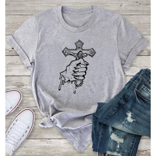 Gothic hand Skull cross T-shirt women 100% Cotton funny street style tumblr casual letter print Fashion unisex tee top tshirt