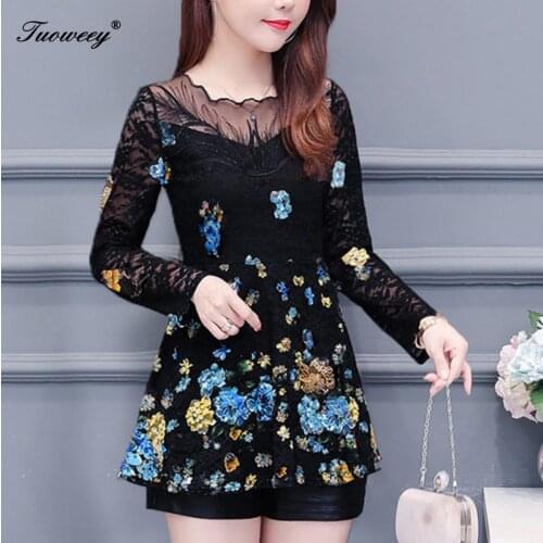 Black Lace Tunic Ruffles Womens Shirts Blouse O-neck Hollow Out Long Sleeve Blouses 2019 Autumn Patchwork Office Lady Top