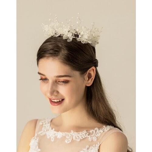 White Chiffon Flower Bridal Crown Hair Tiara Pearls Women Jewelry Hair Piece Handmade Wedding Prom Hairband Accessories