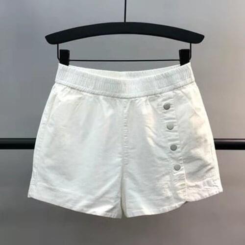 2021 New Arrival Summer Women Elastic Waist Button Design Straight Shorts All-matched Cotton Asymmetry Casual Shorts W105