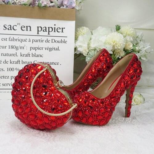 BaoYaFang Red crystal Womens wedding shoes with matching bags platform shoes Ladies Party Dress high heels shoes Big size 34-43