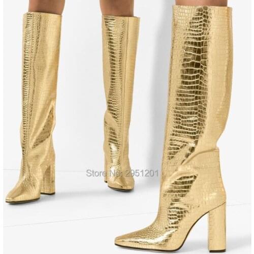 10CM High Heel Winter Boots Women Knee High Snow Boots Slip On Snake Pattern Women Chunky High Heel Fur Winter Boot Lady Shoe