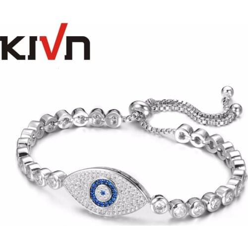 KIVN Fashion Jewelry Adjustable Bolo Pave CZ Cubic Zirconia Turkish Blue eye Charm Womens Girls Tennis Bridal Wedding Bracelets
