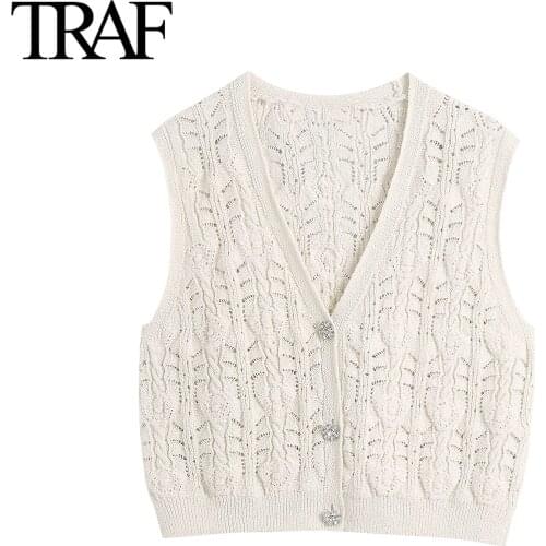 Traf Za Women Fashion Sleeveless Sweater Vest Hollow Out Loose V-neck Female Vintage Single Breasted Knitted Vest Mujer