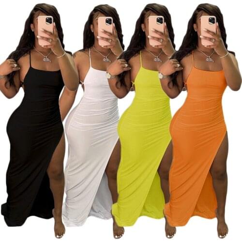 2021 Wholesale Black Assymetric Backless High Split Maxi Dresses Sexy Club Outfits for Women Vacation Beach Clothes