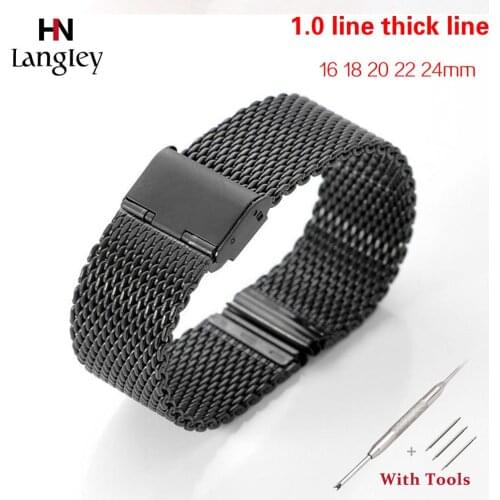 1.0 Thick line Full Stainless Steel Mesh Strap Wristbands men women Universal flat head strap Watch accessories 16 18 20 22 24mm