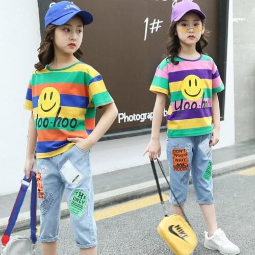 22 Colors 4-14 Years Girls Clothes Sport Suit Set Summer Fashion Casual Short Sleeve T-Shirt + Jeans Childrens Clothing Set