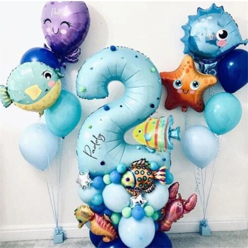 44Pcs Under Sea Ocean Animal Balloons Blue Number Balloon Sea Theme Party Kids Happy Birthday Party Decoration Baby Shower