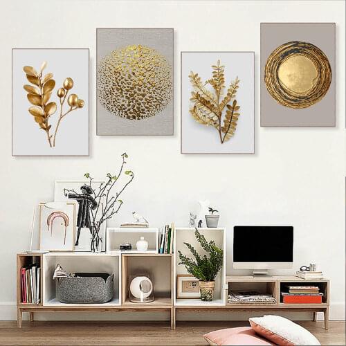 Golden Abstract Decorative Fruit Silver Letter Leaf Canvas Painting Wall Art Picture Poster and Print for Living Room Home Decor