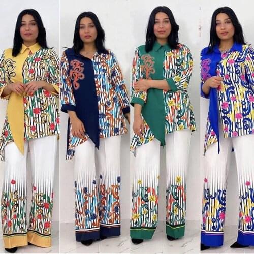 Africa Clothes For Women African New Dashiki Fashion Striped Flower Suit Top +pant Two Piece Set Party Outfits