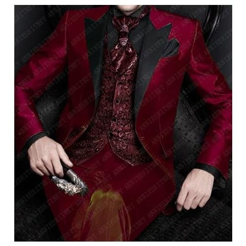 ANNIEBRITNEY Italian Men Tuxedo Slim Wedding Suits For Men Groomsmen Suit 3 Pieces Burgundy Groom Wedding Dress Men Suits Set