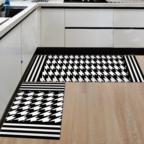 RAYUAN Black and White Flannel Floor Mats Door Mat Long Carpets Grid Anti-slip Doormat Rug Kitchen Bath Hallway Decor