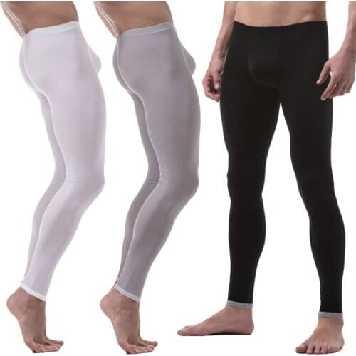 Brand New Men Long Johns Warm Pants Thin Section Nylon Transparent Sexy Gay Underwear Men Tight Legging Long Johns Size XL