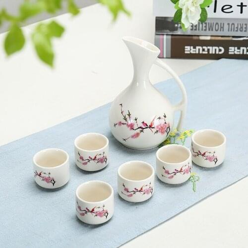 Ceramic Wine Set Waterware Blue and White Japanese Bamboo 1Pot 6Cups White Drinkware Bar Decoration Household Kitchen Supplies