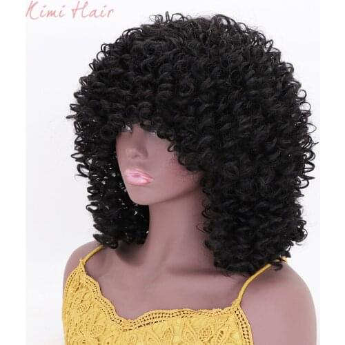 Kimi Hair 14inch Short Afro Kinky Curly Wig Synthetic Wig With Bangs Mixed Black Wig High Temperature Hair