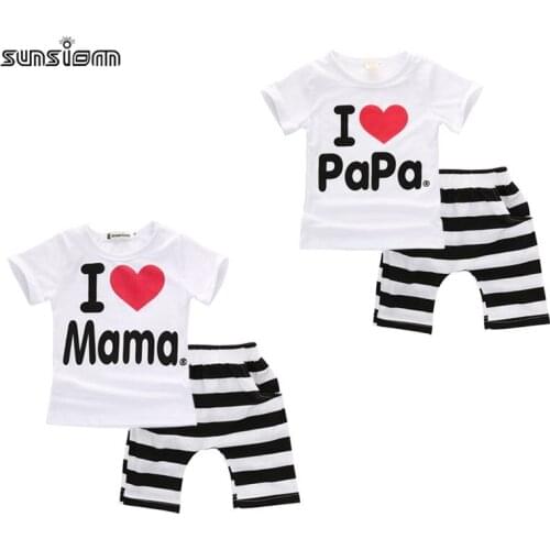 2PCS Toddler Baby Girl Boy Clothes Letter T-shirt Top+Striped Shorts Pants Outfits Baby Cotton Short Sleeve sets Clothes 0-18M