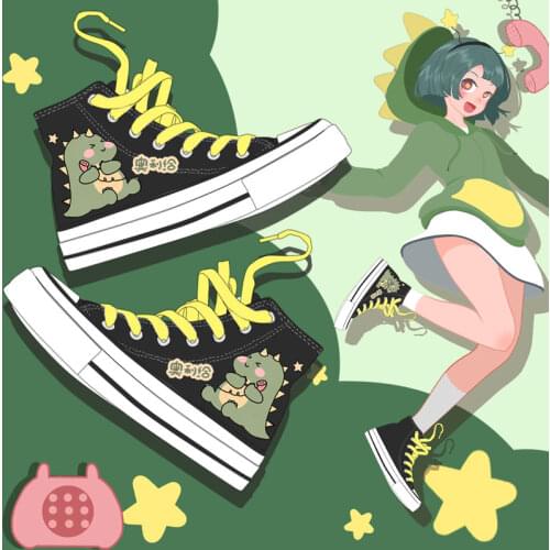 Amy and Michael Fashion Anime Cartoon Dinosaur Sneakers Women Students High Top Black Canvas Shoes Lovely Cute Vulcanize Shoes